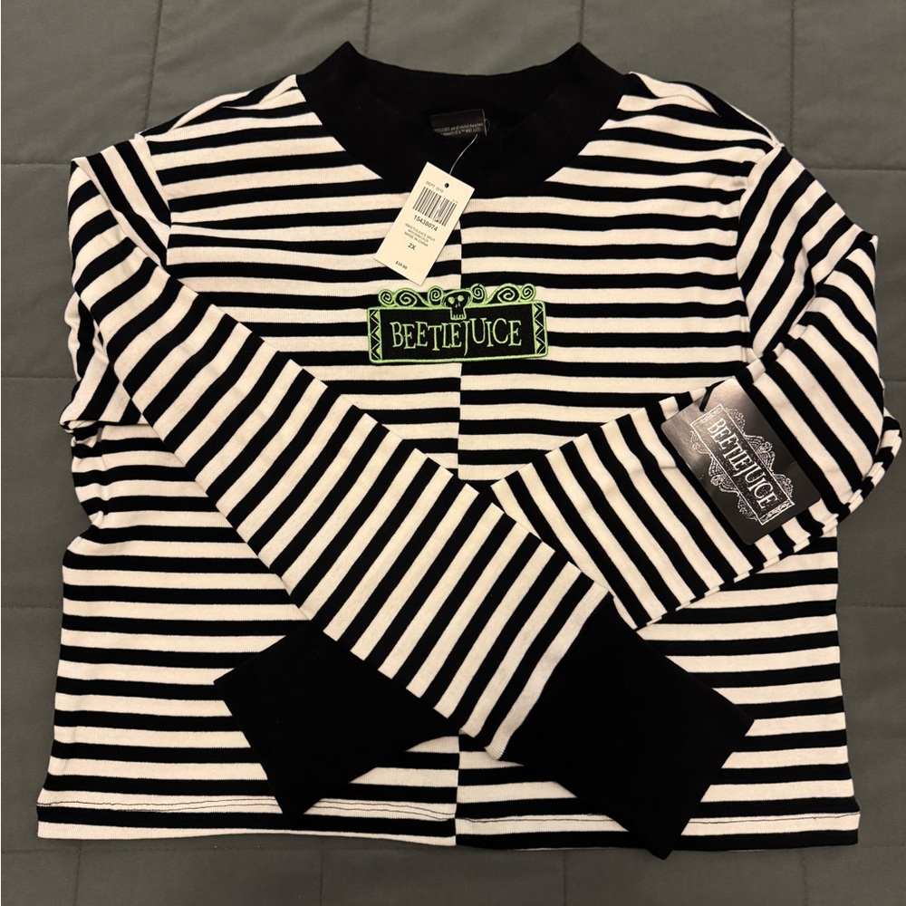 Hot Topic Beetlejuice Stripe Split Mock Neck Top